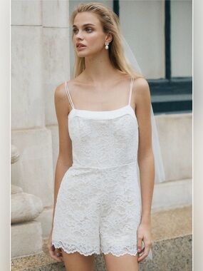 BHLDN Sleeveless Sheer Lace Romper Size‎ 8 Floral White Bridal